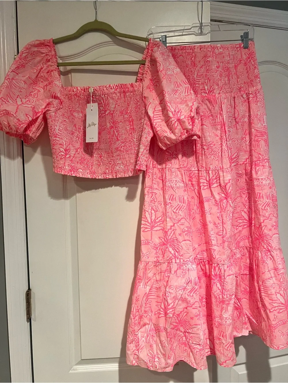 Lilly Pulitzer Pink Smocked Puff-Sleeve Crop Top & Maxi Skirt Set.